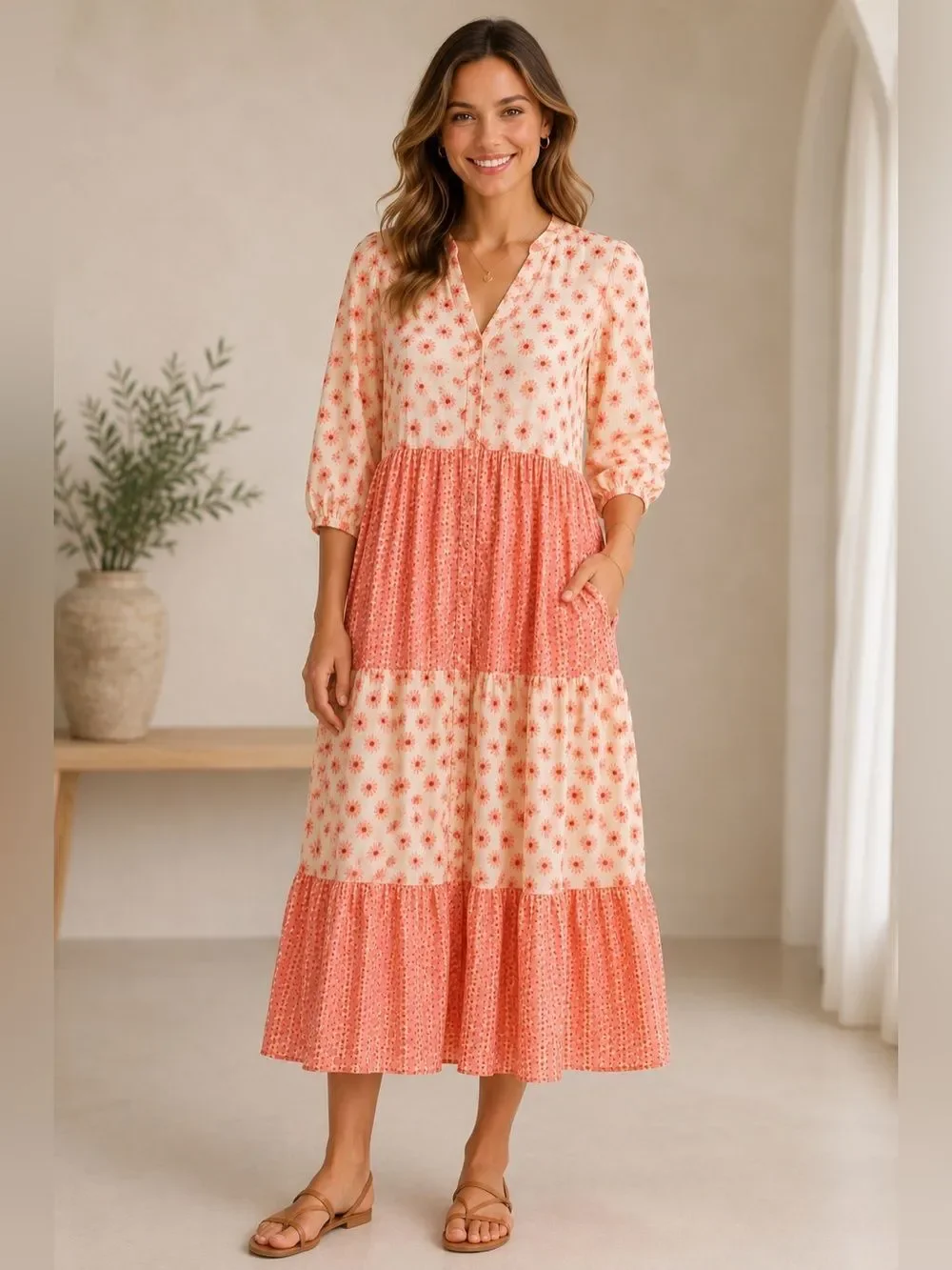 Victoria Dunn Cream & Pink Long Sleeve Dress
